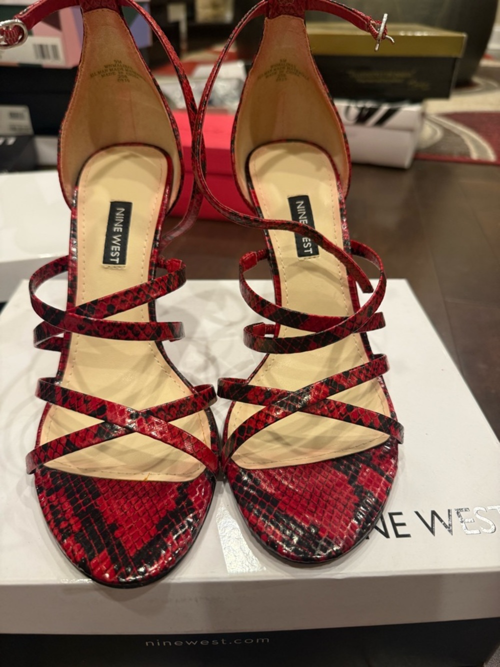 Nine West Red Snakeskin Strappy Heeled Sandals